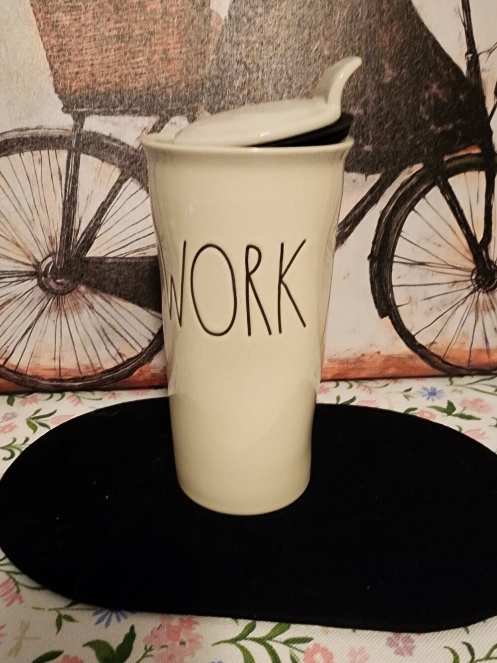 Rae Dunn 'WORK' Travel Mug in Cream - Stylish Home Dining Tumbler